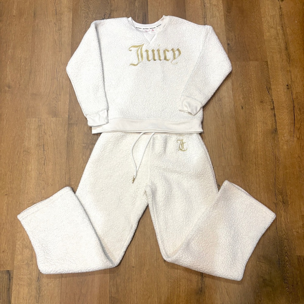 Juicy Couture White Fleece Lounge Matching Set Gold Embroidered Cream Size Small